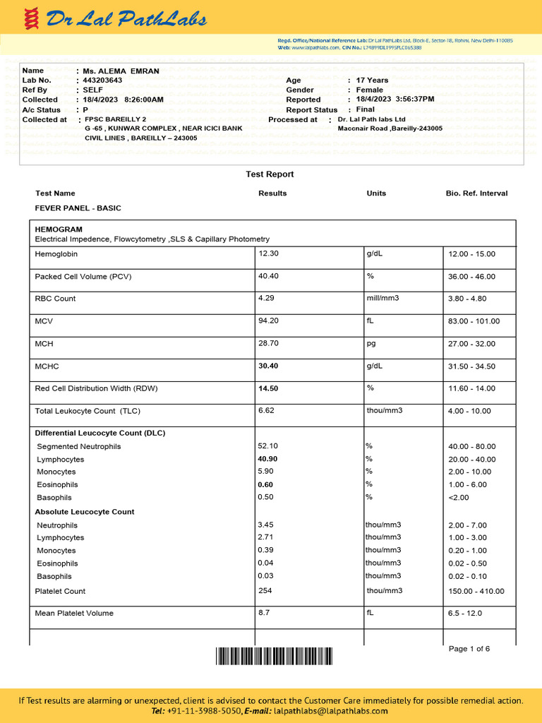 Comprehensive Fever Panel Test Report | PDF | White Blood Cell ...