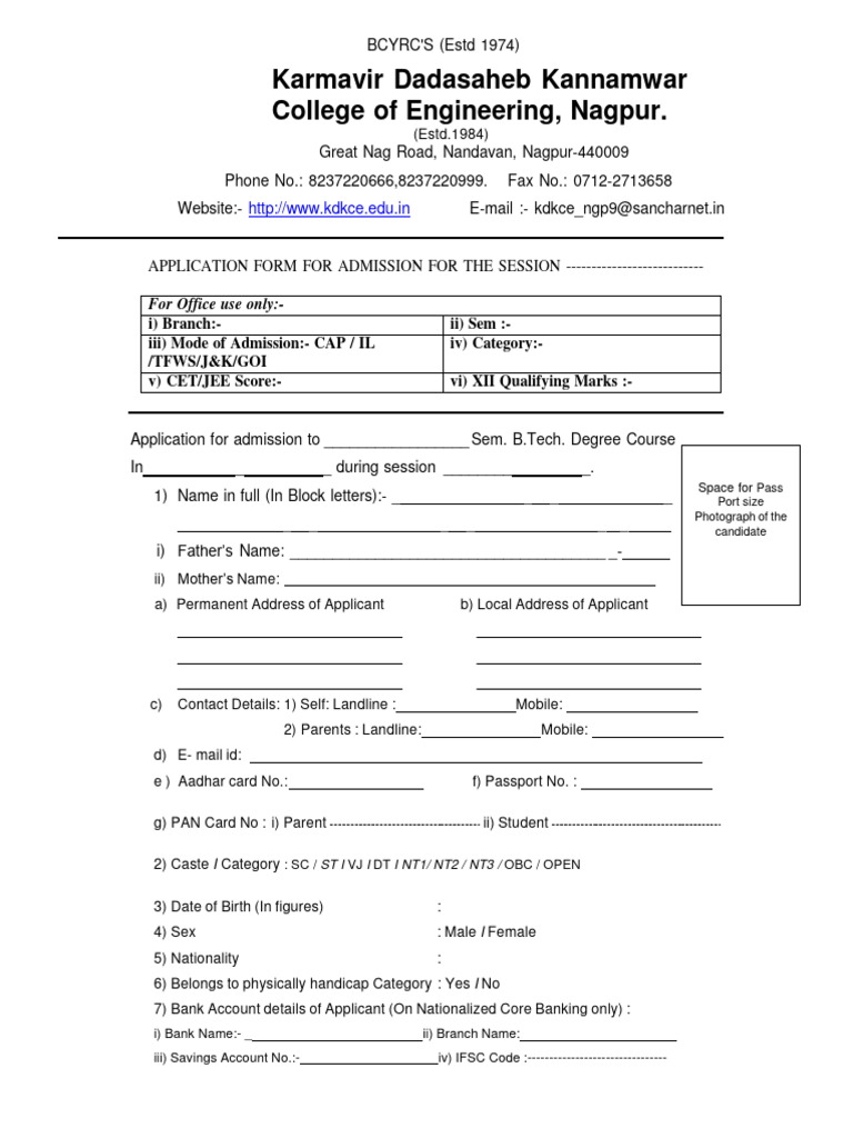 KDK College B.Tech Admission Form | PDF