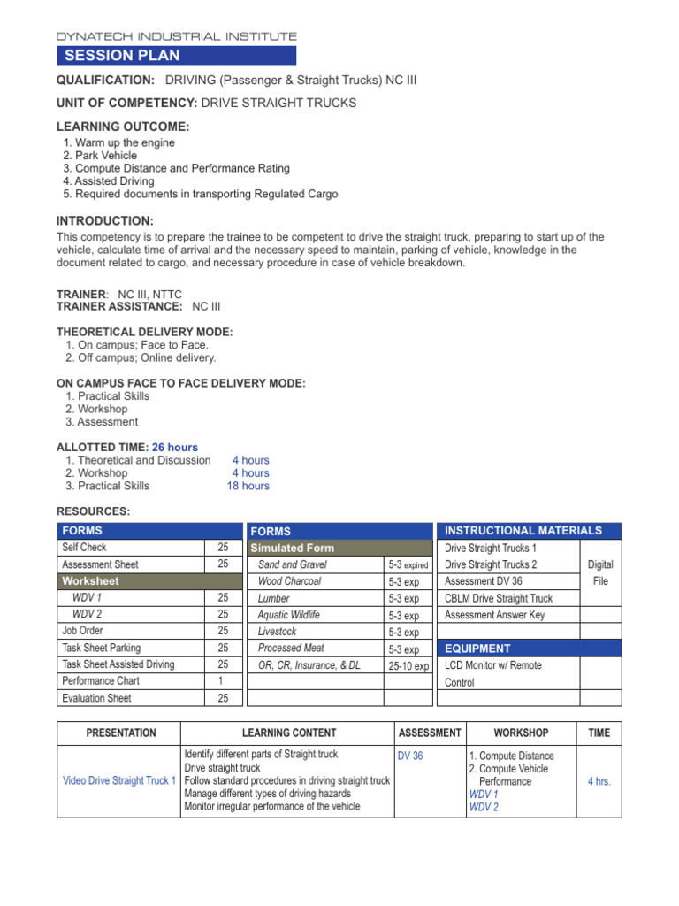Session Plan Drive Straight Trucks | PDF | Truck