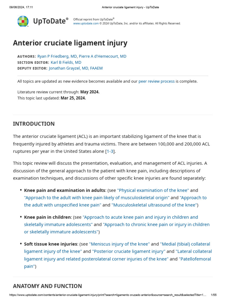 Anterior Cruciate Ligament Injury - UpToDate | PDF | Knee ...