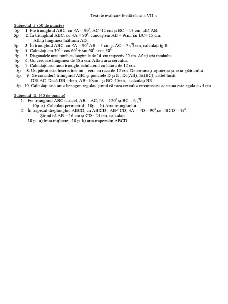 Test de Evaluare Finala 7 Geometrie | PDF
