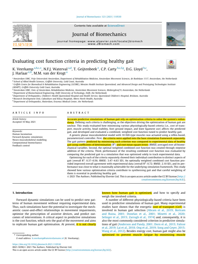 Evaluating Cost Function Criteria in Predicting Healthy Gait | PDF ...