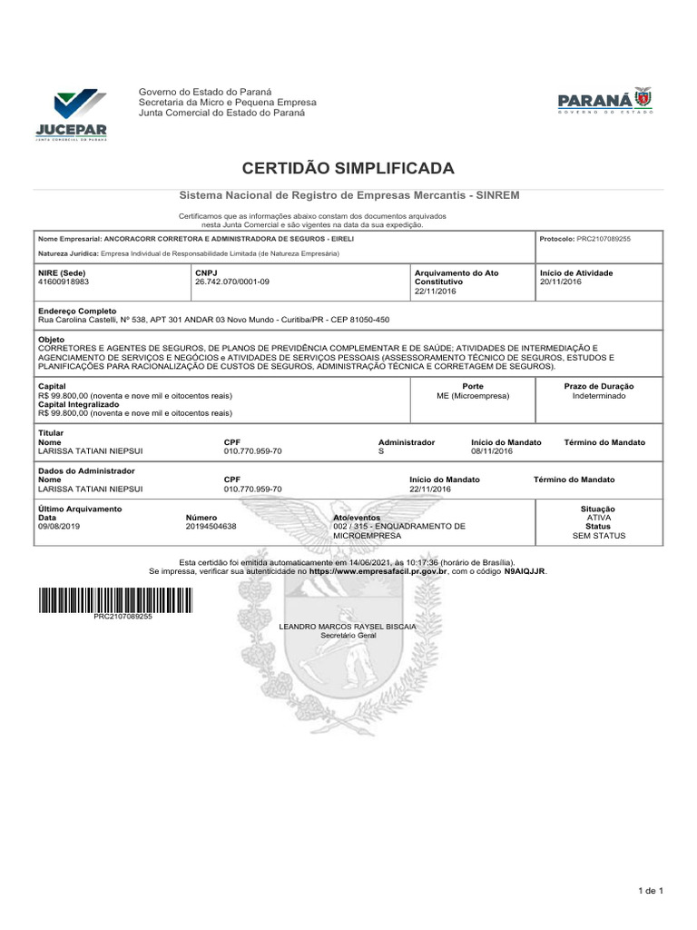 Certidão Simplificada Ancoracorr Pdf