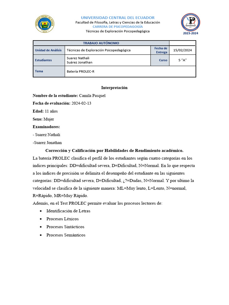 Evaluación PROLEC-R en Psicopedagogía | PDF | Puntuación | Oración ...