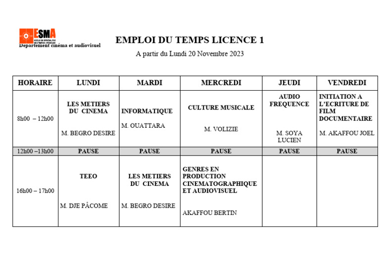 Emploi du temps Licence Cinéma 2023 | PDF