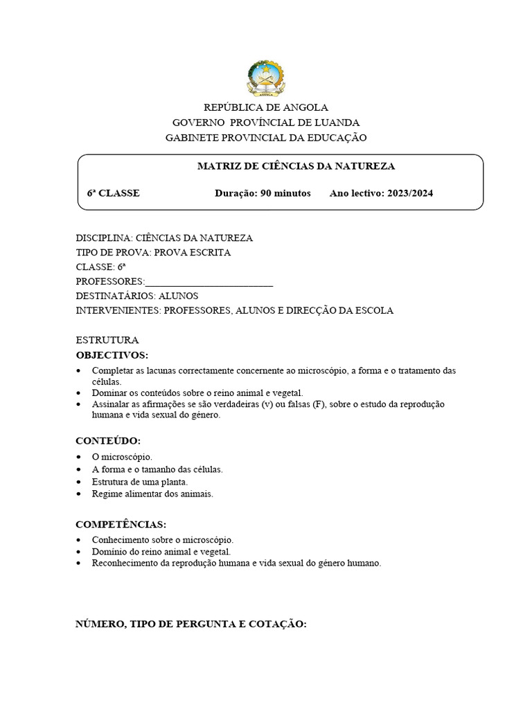 Prova de Ciências da Natureza 6ª Classe | PDF | Estudos de Línguas ...