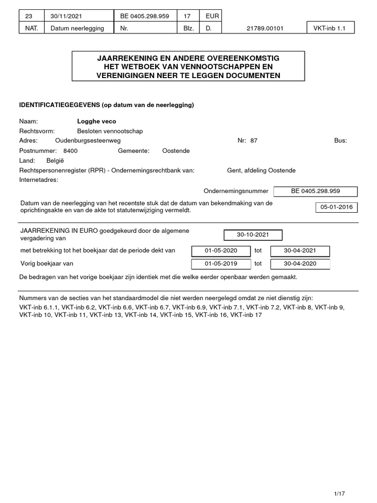 Financial Statement - Logghe-Ve - Co (BVBA) | PDF