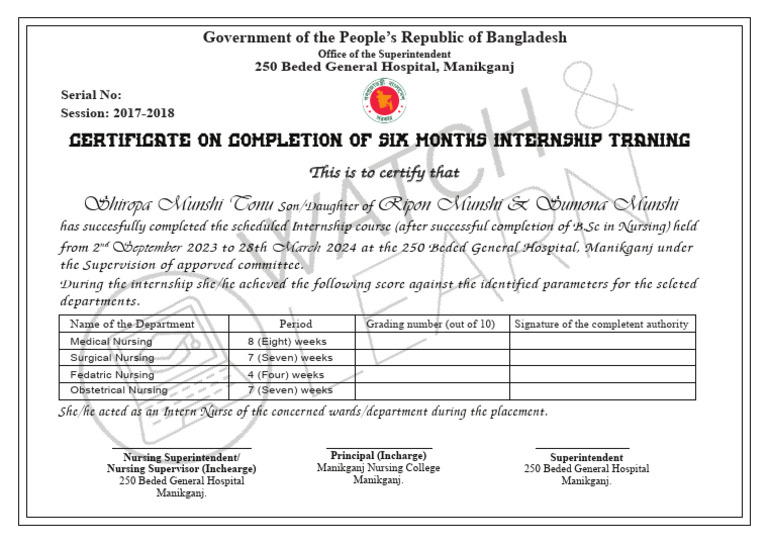 B.Sc Nursing Internship Completion Certificate | PDF