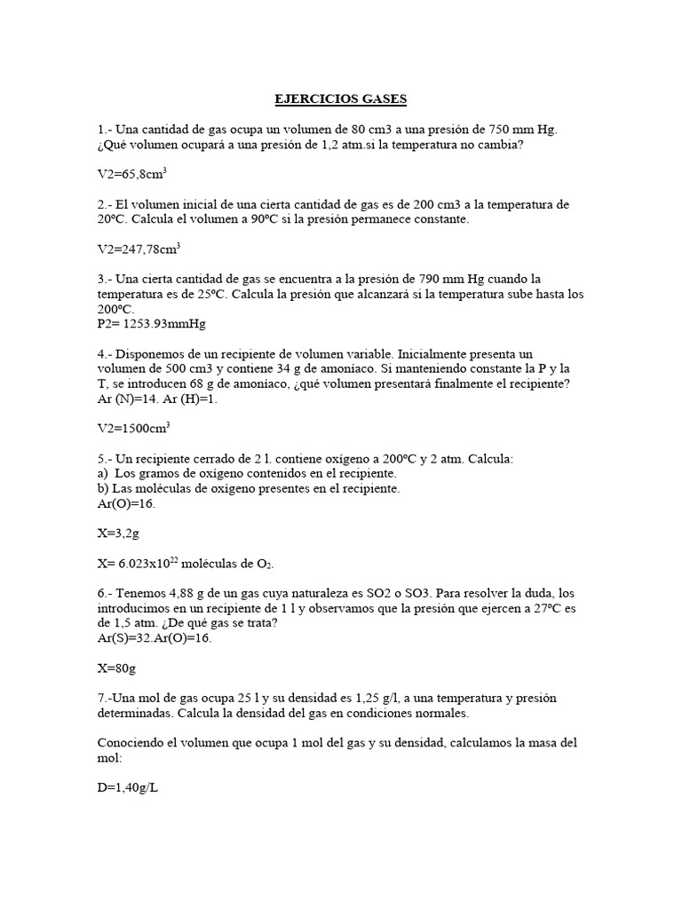 Ejercicios de Gases: Cálculos y Soluciones | PDF | Métodos y materiales ...