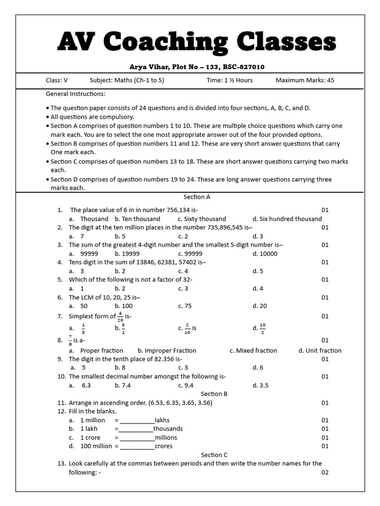 Class 5 maths ch 1 to 5 test download free pdf numbers arithmetic