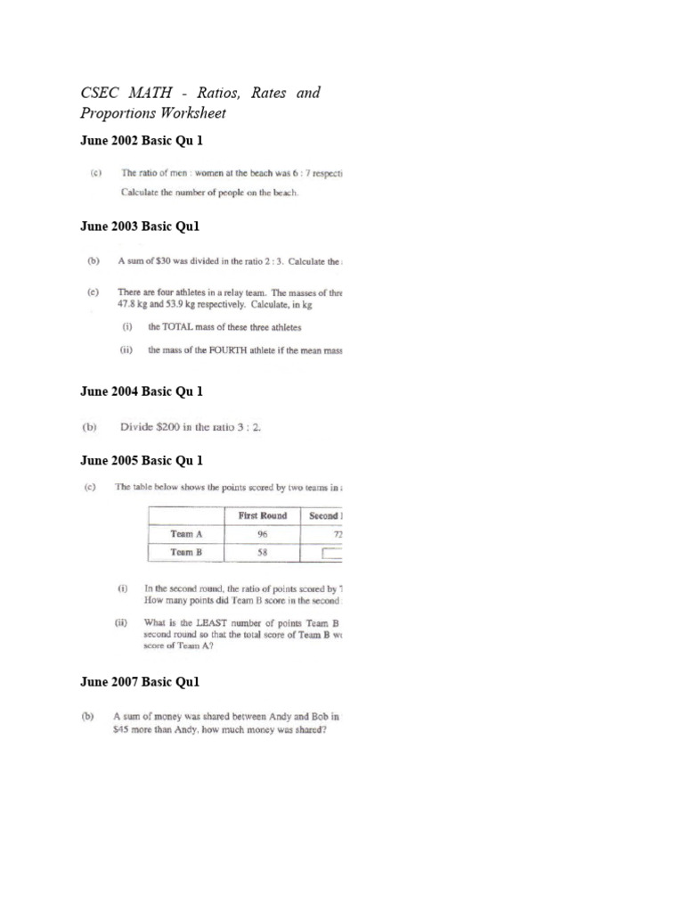 CSEC Math Ratios & Proportions Worksheet | PDF