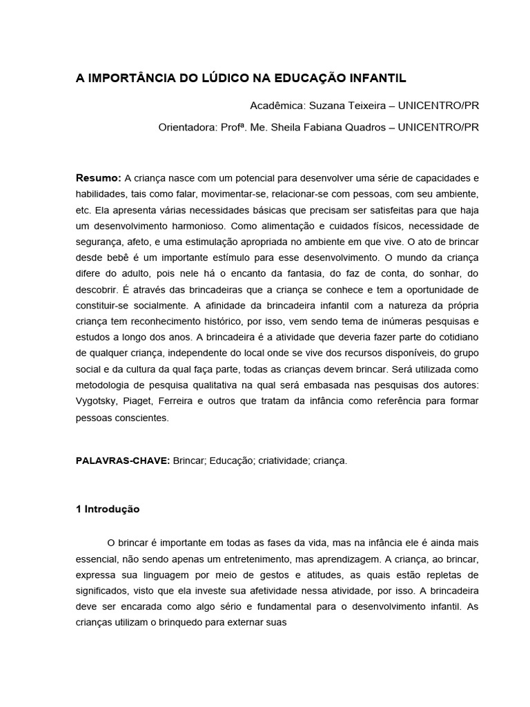 A Importancia Do Ludico Na Educa o Infantil TCC-0 | PDF | Aprendizado ...