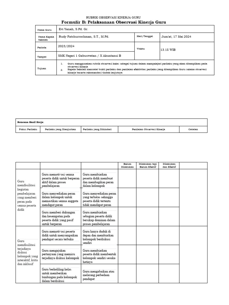 Formulir B Rubrik Observasi Kinerja Guru Evi Pdf
