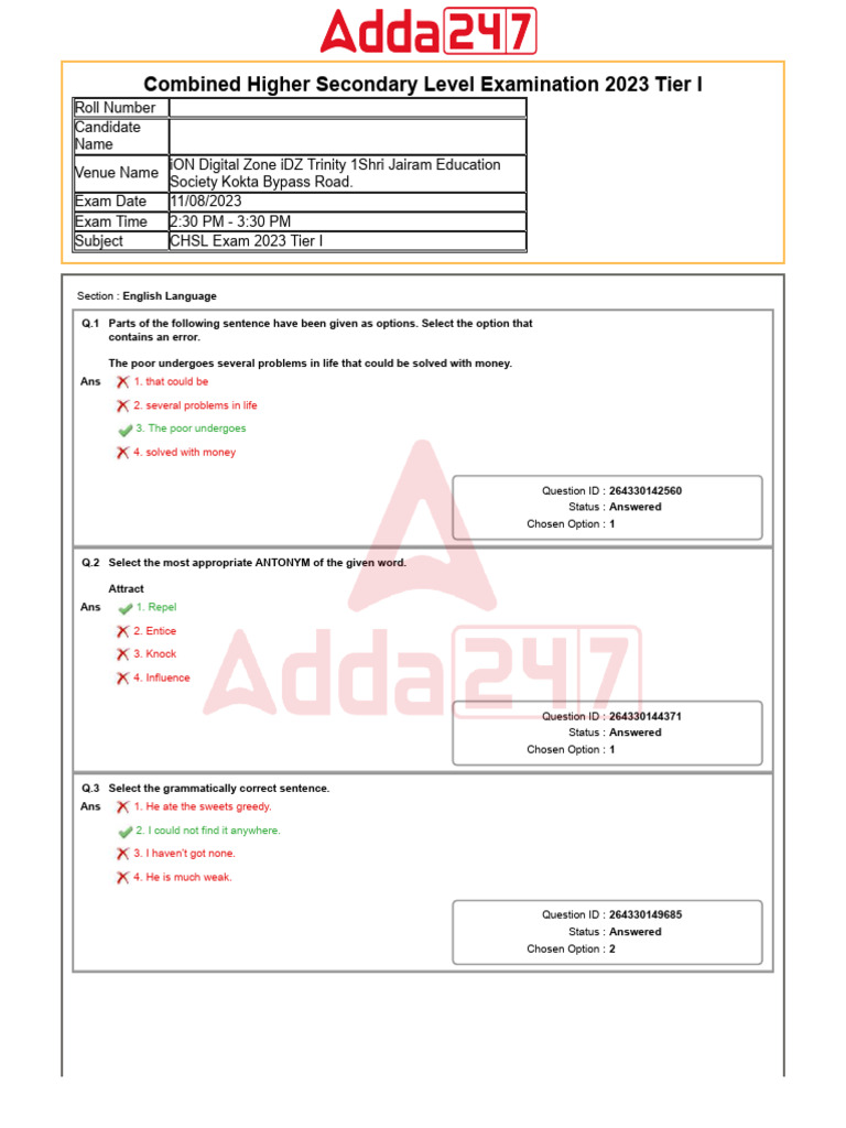 SSC CHSL Question Paper 2023 with Answer Key PDF: All Shifts & Days Memory-Based Questions visual data 7