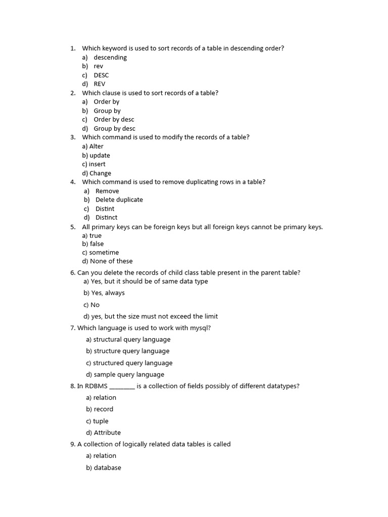 Cs MCQ Test | PDF | Relational Database | Table (Database)