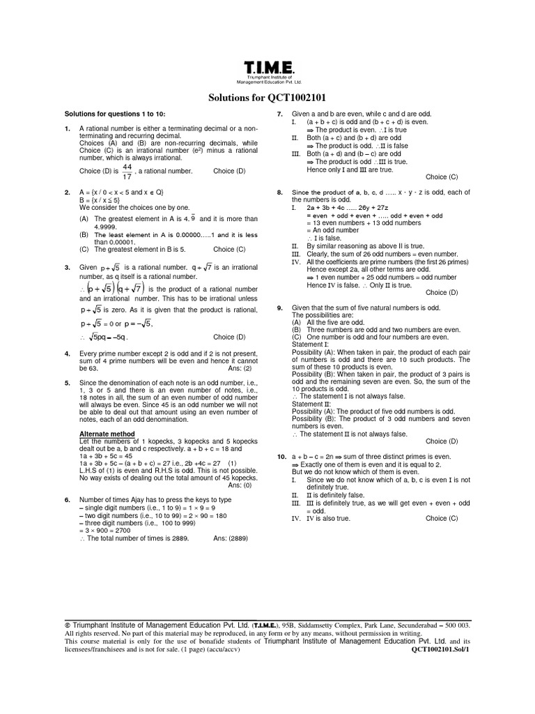 QUANT CLASS TEST PART 1 - Sol | PDF | Complex Analysis | Number Theory