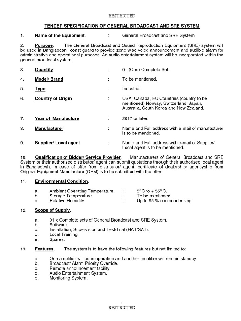 Tender Spec - General Broad Cast & Sre System - 01 Set | PDF ...