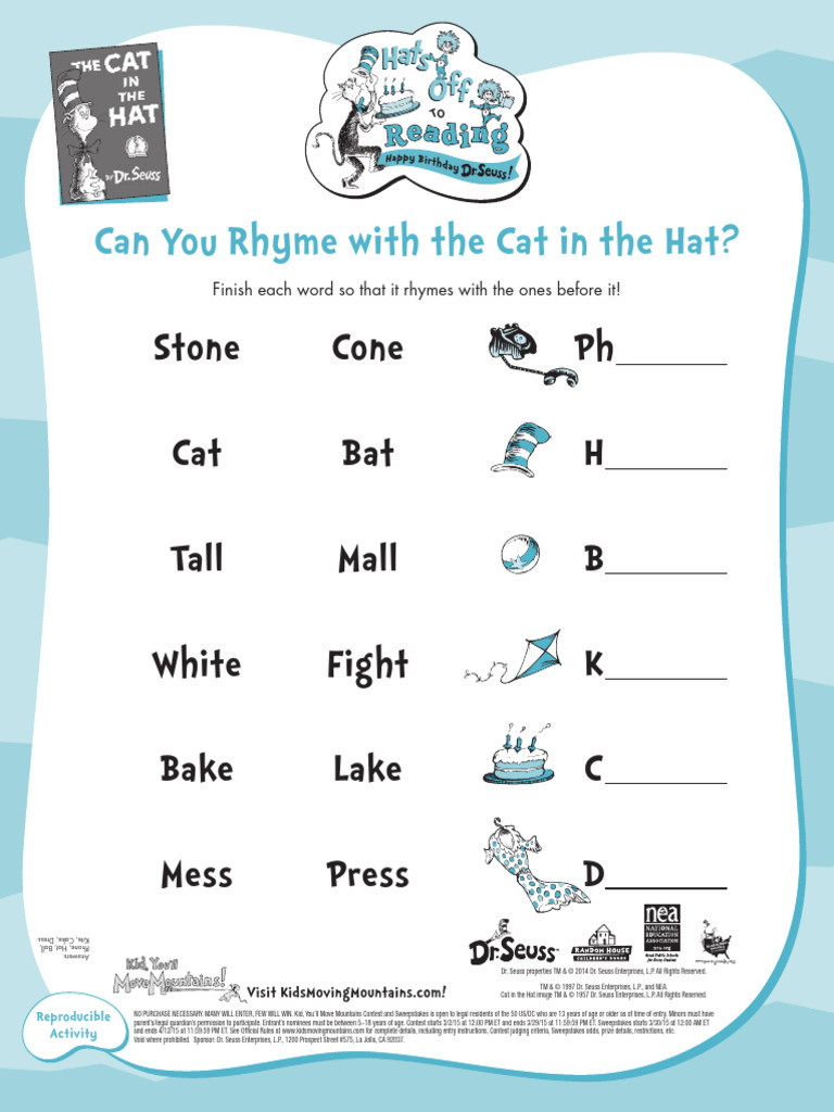 Cat in The Hat Rhyming Activity Hats Off To Reading | PDF