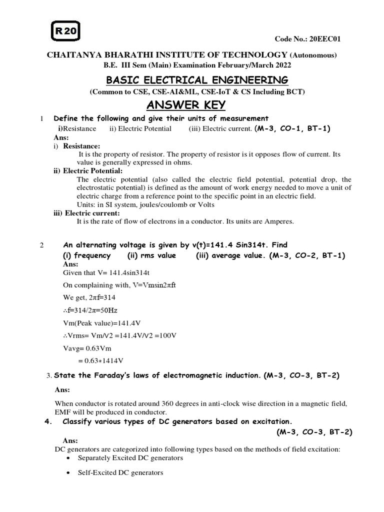 BEE SEE 3RD SEM MARCH 2022 KEY - 2022 - 3rd SEM - BEE | PDF | Electric ...