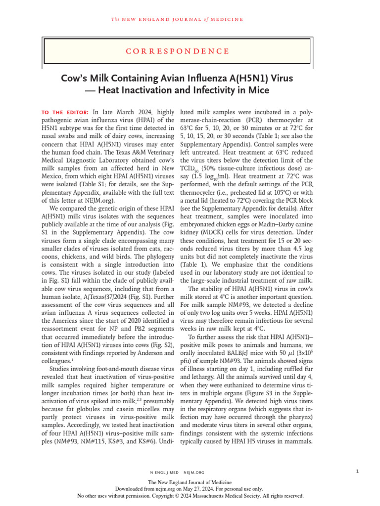 NEJMc 2405495 | PDF | Influenza A Virus Subtype H5 N1 | Avian Influenza