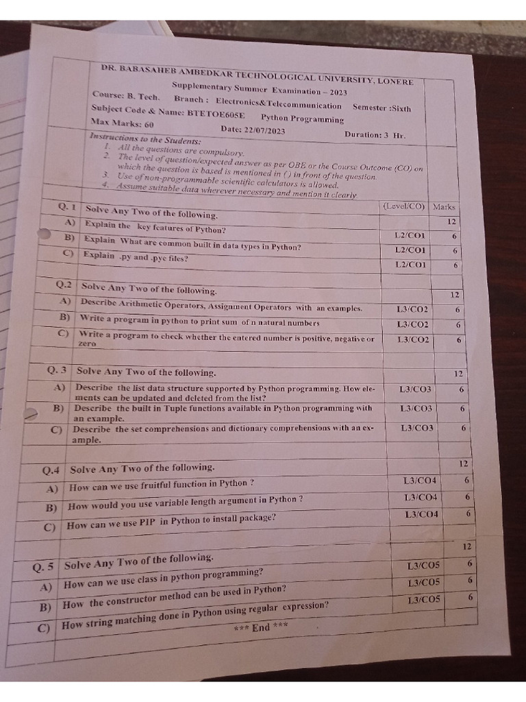 Python Question Papers | PDF