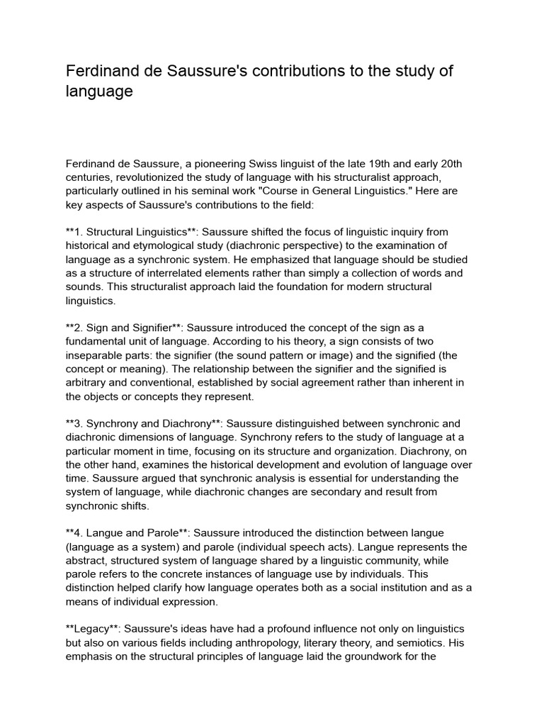 Ferdinand de Saussure's contributions to the study of language Download Free PDF Linguistics