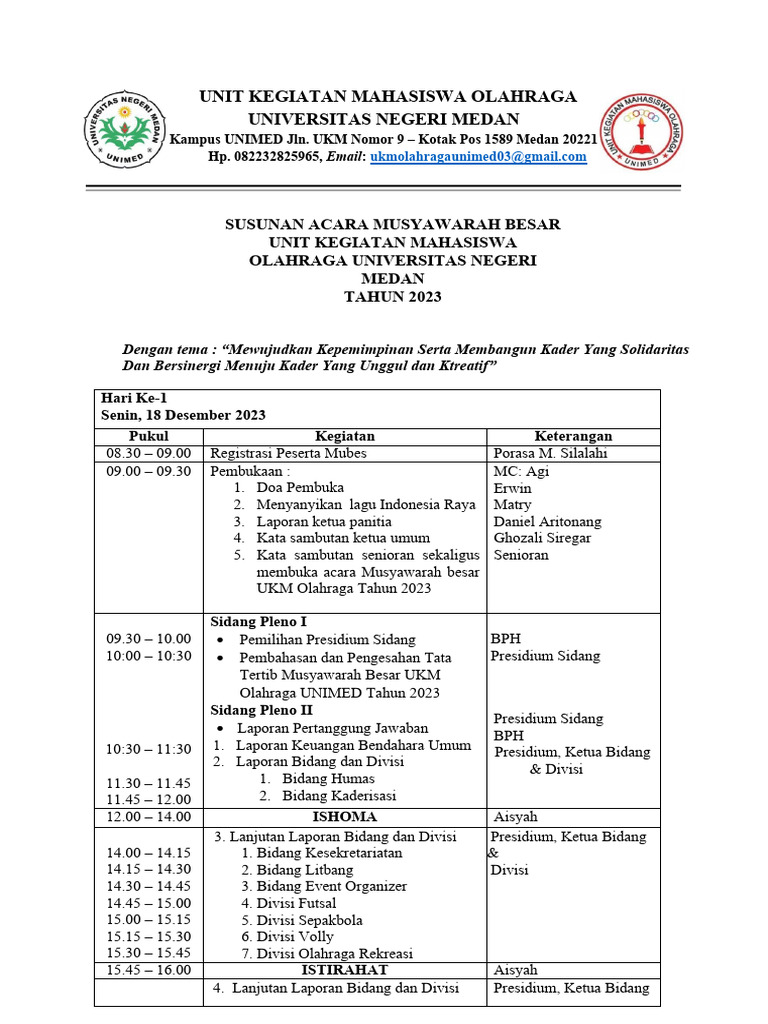 Rundown Mubes UKM Olahraga UNIMED 2023 | PDF