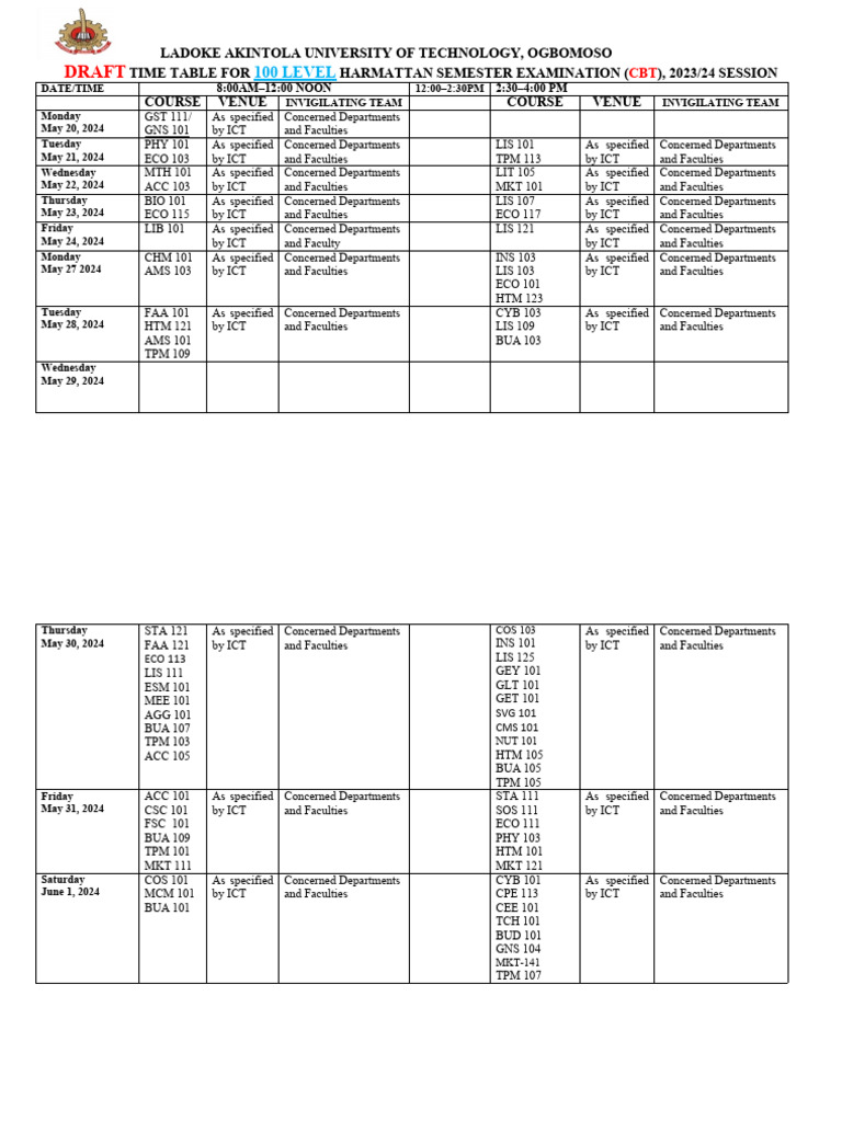 1a 100 Level Draft 2023 2024 Harmattan Semester Exam Time Table Cbt