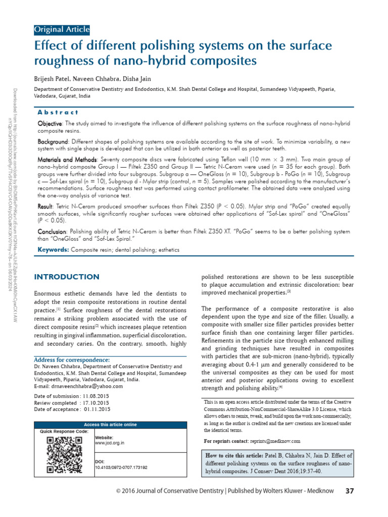 Polishing Systems Impact on Composite Roughness | PDF | Dentistry | Tooth