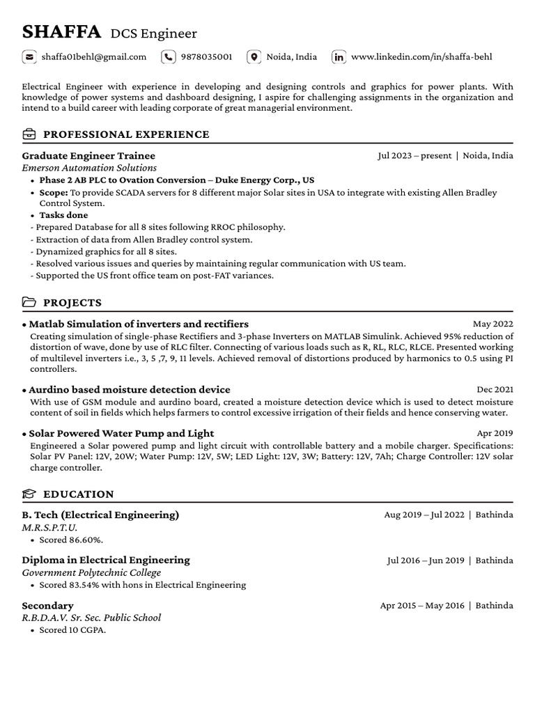 DCS Engineer Resume - Shaffa Behl | PDF | Power Inverter | Rectifier