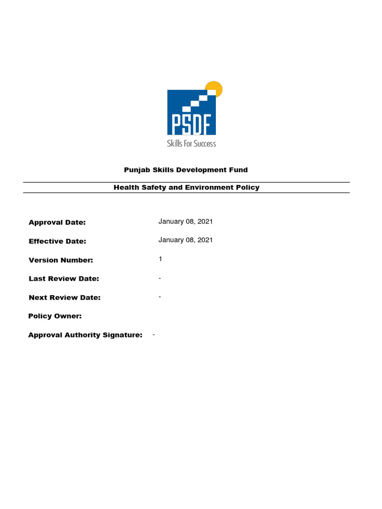 Health Safety and Environment Policy | PDF | Occupational Safety And ...