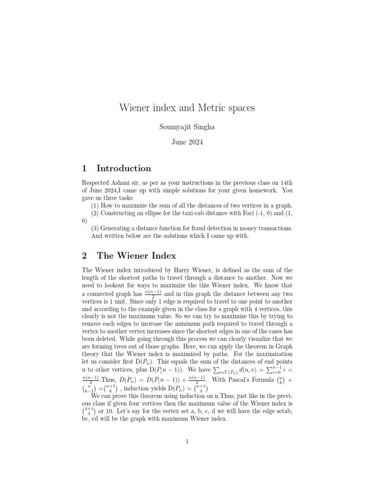 Weiner Distance and Metric Spaces | PDF | Distance | Vertex (Graph Theory)