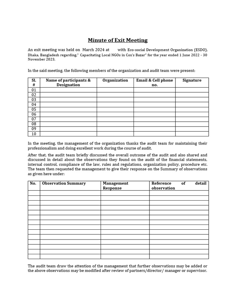 Exit Meeting Minutes: ESDO Audit Summary | PDF | Career & Growth | Business