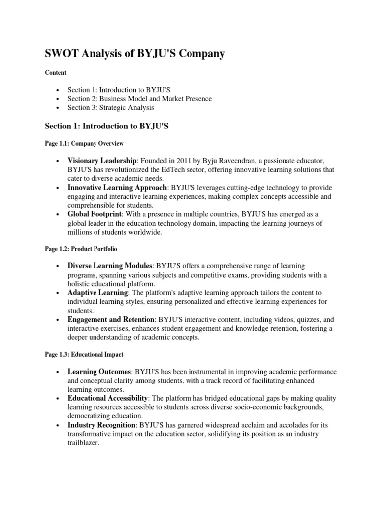 Swot analysis of byju pdf educational technology learning