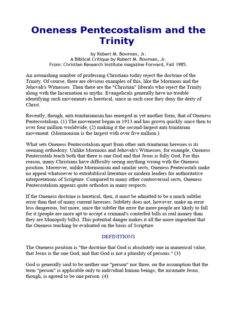 Oneness Pentecostalism And The Trinity Pdf Oneness Pentecostalism