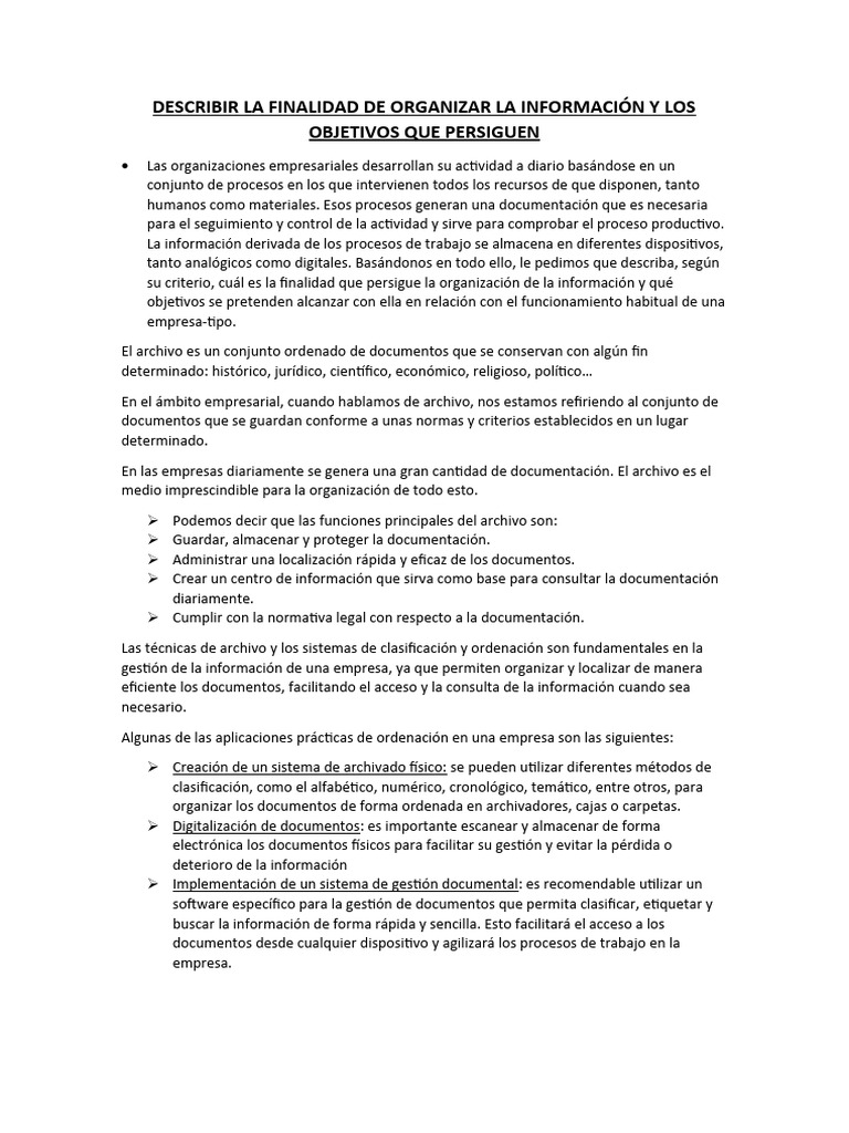 1 Describir La Finalidad de Organizar La Información y Los Objetivos ...