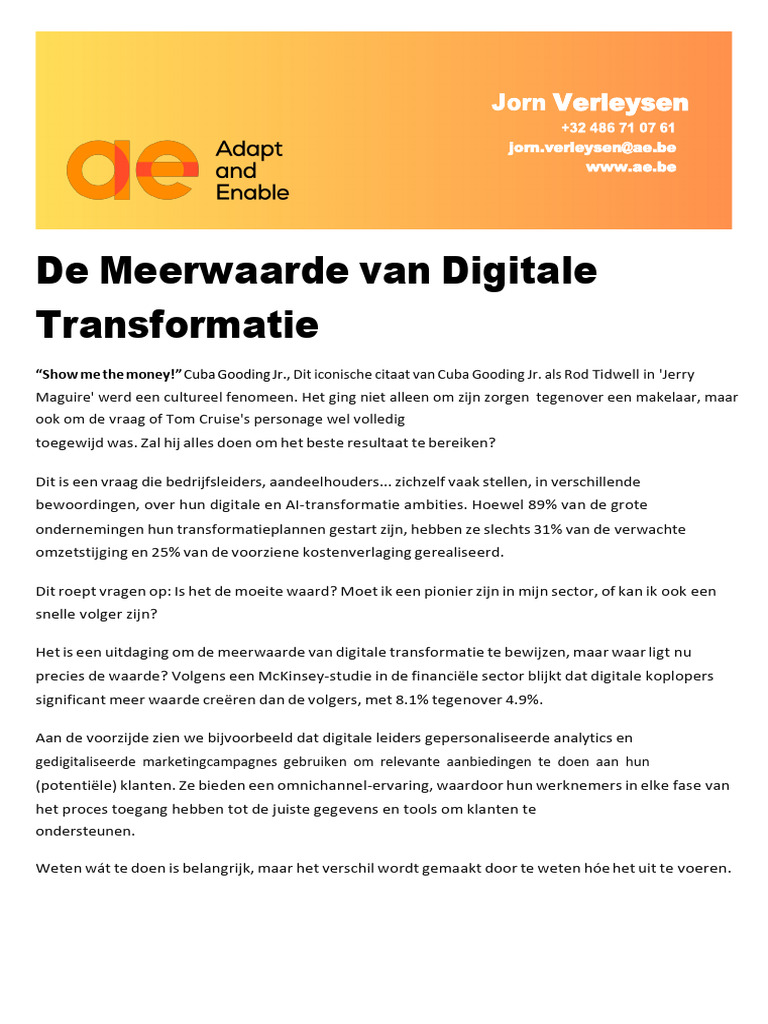 De Meerwaarde Van Een Digitale Transformatie | PDF