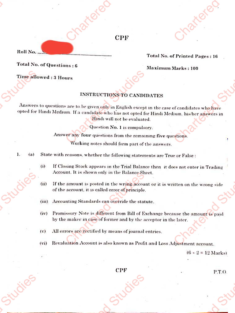 CA Foundation Accounts Question Paper For June 2024 | PDF