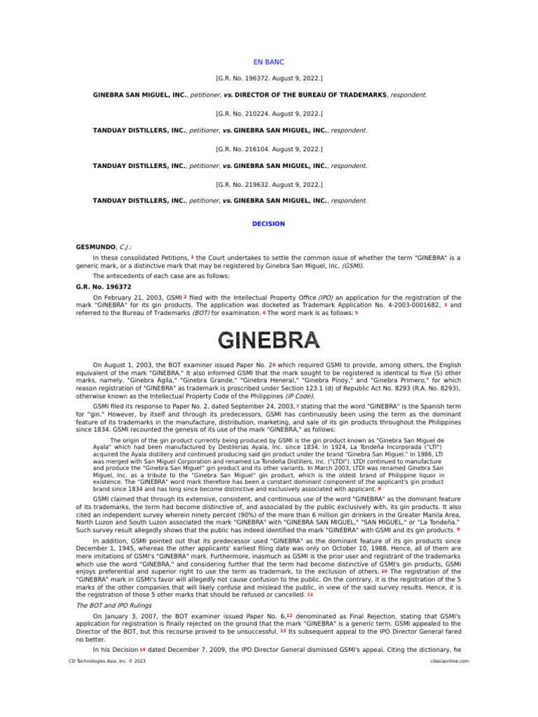 View of Ginebra Trademark Dispute Resolution | PDF | Trademark Distinctiveness