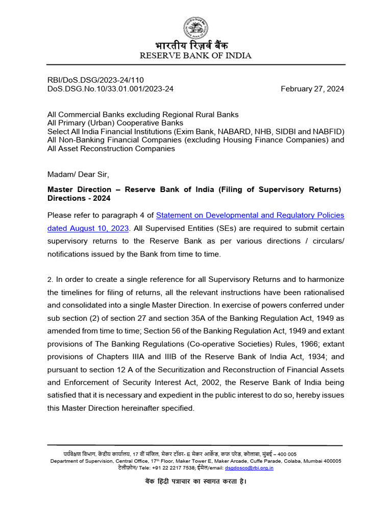 Master Direction on RBI Supervisory Returns | PDF | Reserve Bank Of ...