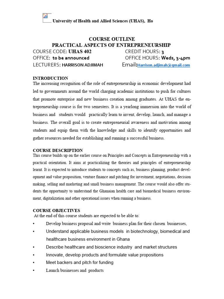 UHAS Practical Entrepreneurship Course Outline | PDF | Entrepreneurship ...