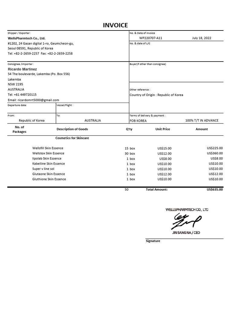 Invoice and Packing List for Skincare Shipment | PDF