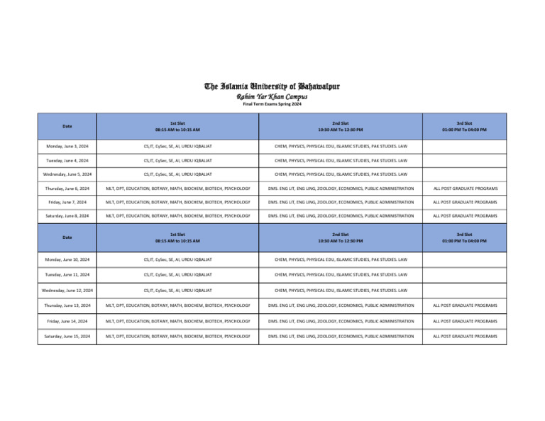 Spring 2024 Exam Schedule IUB | PDF