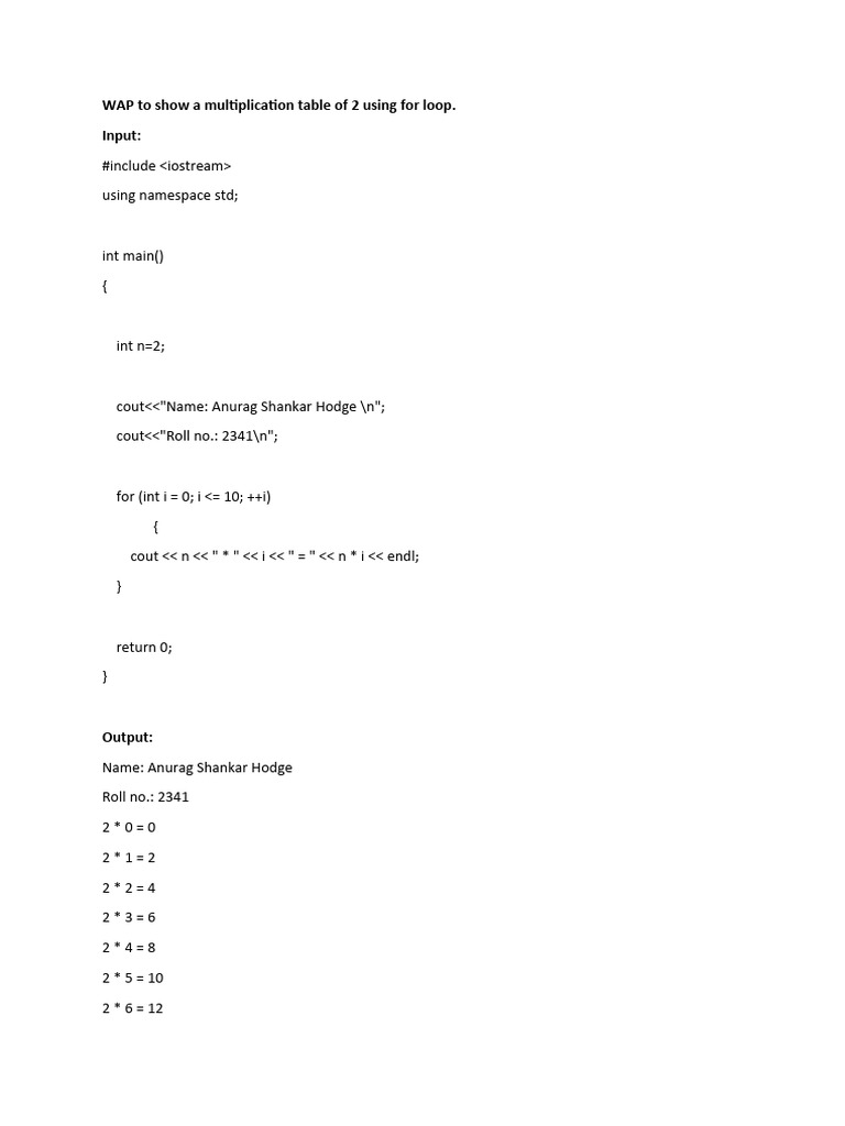 Multiplication Table of 2 in C++ | PDF