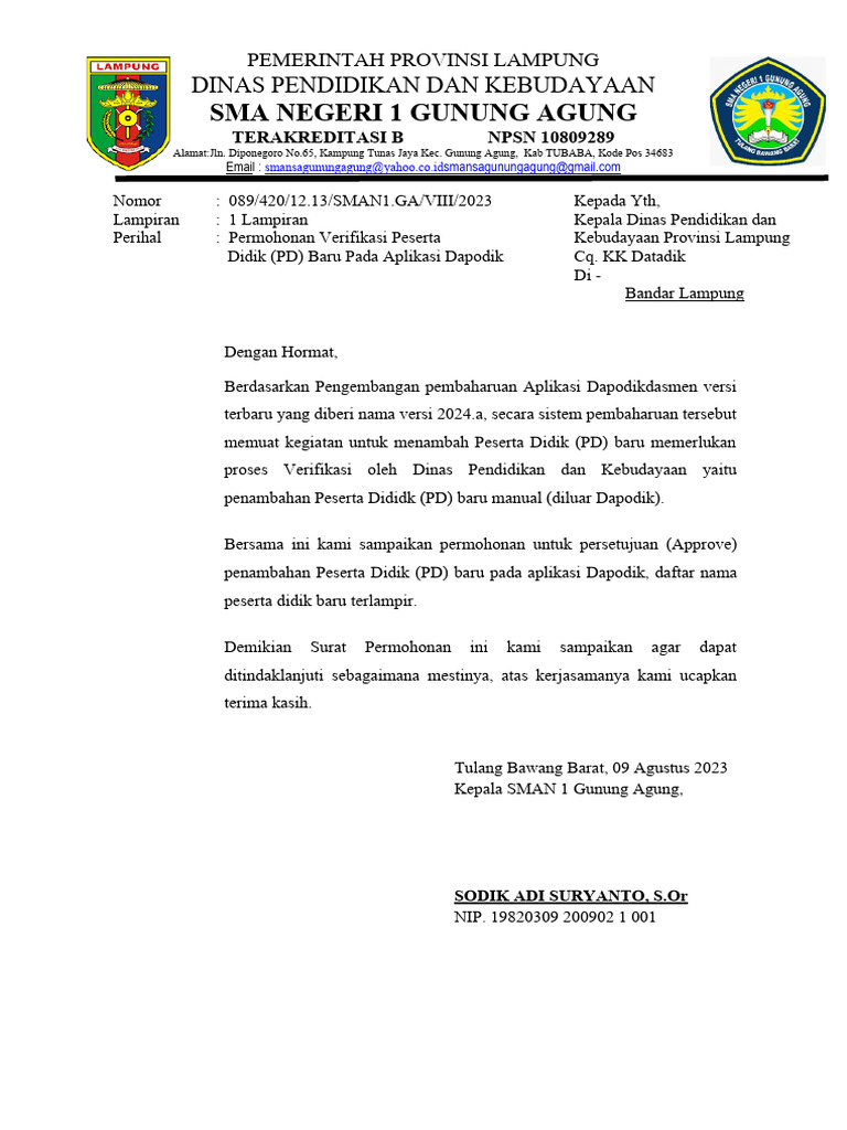Surat Permohonan Dan Pernyataan Aproval Pd Baru Dari Luar Dapodik Dari