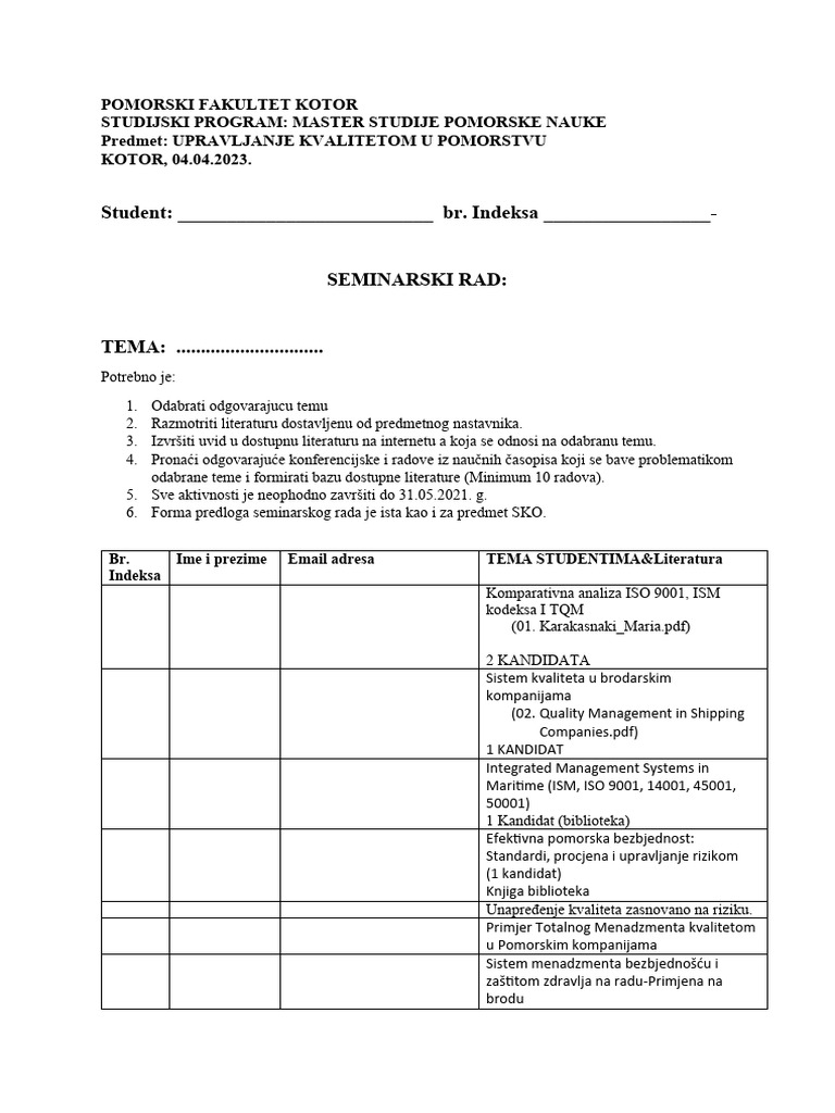 Instrukcije I Teme O Kvalitetu 2023 Pdf