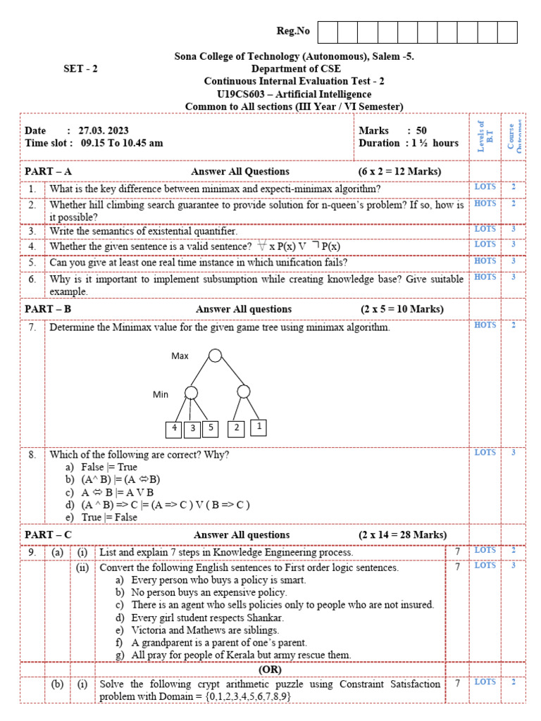 CSE AI Internal Evaluation Test 2 | PDF | Logic | Applied Mathematics