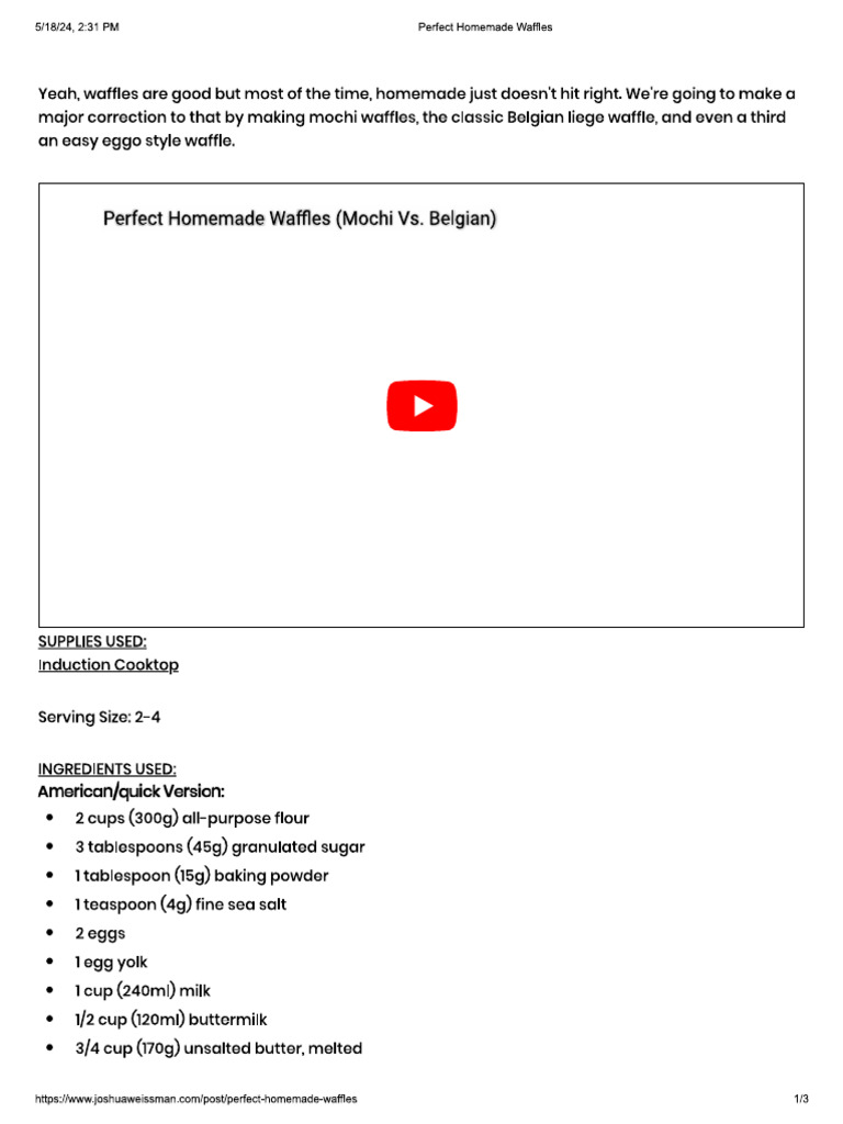 Waffle (American, Belgian, Mochi) Joshua Weissman PDF