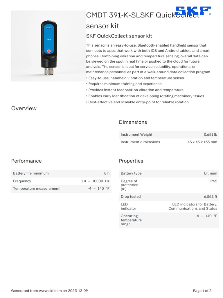 SKF CMDT 391-K-SLSKF QuickCollect Sensor Kit Specification | PDF ...