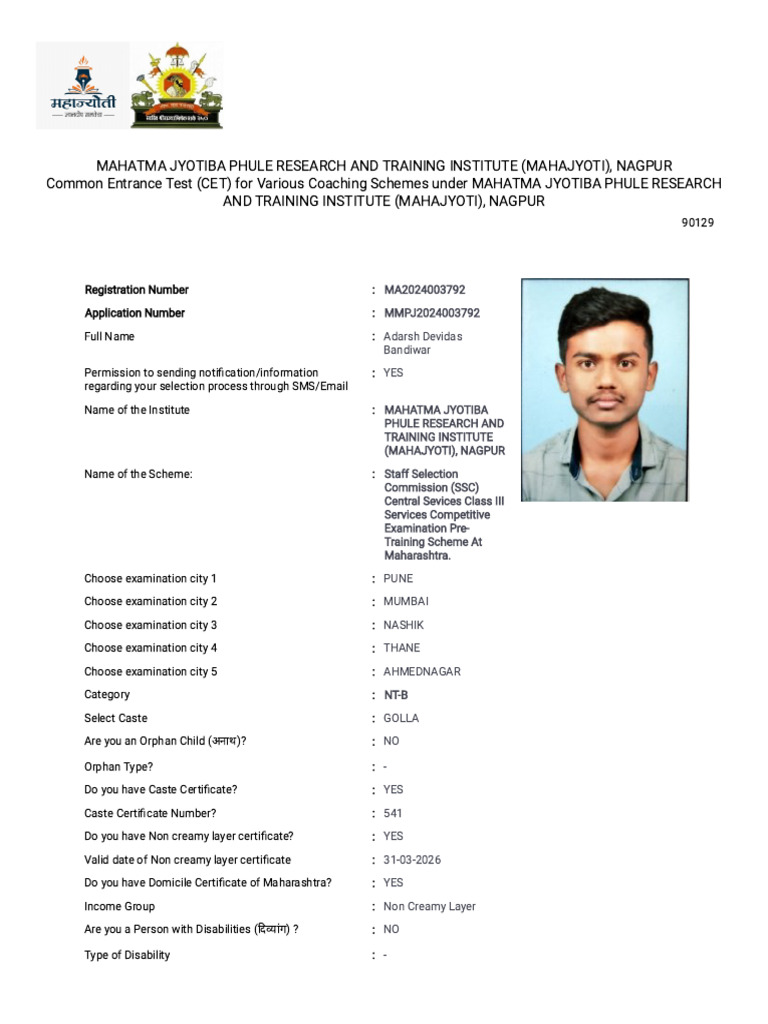 Common Entrance Test (CET) For Various Coaching Schemes Under MAHATMA ...